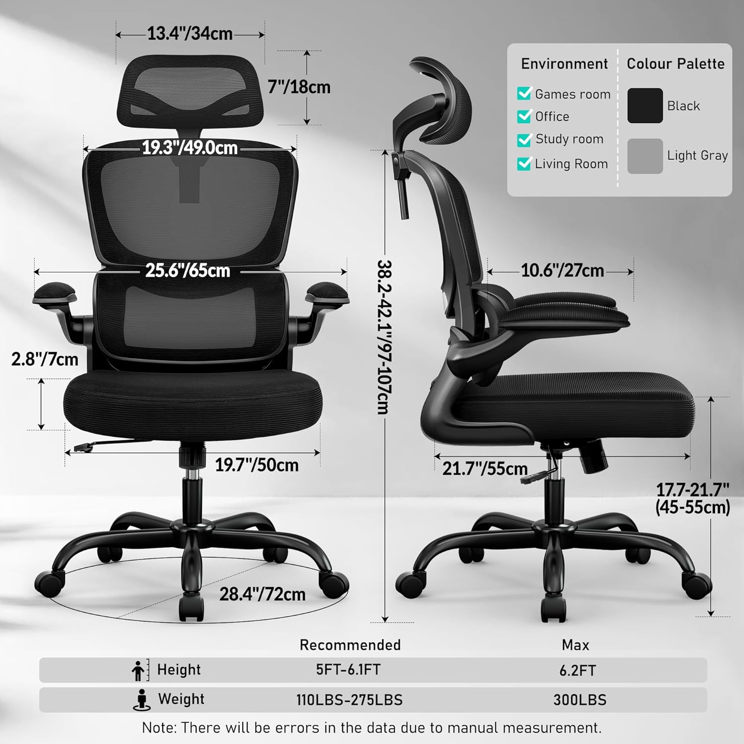 High Back Ergonomic Office Chair, Breathable Mesh Desk Chair with Lumbar Support, Adjustable Headrest, Flip-up Armrests, Computer Gaming Chair - Image 2