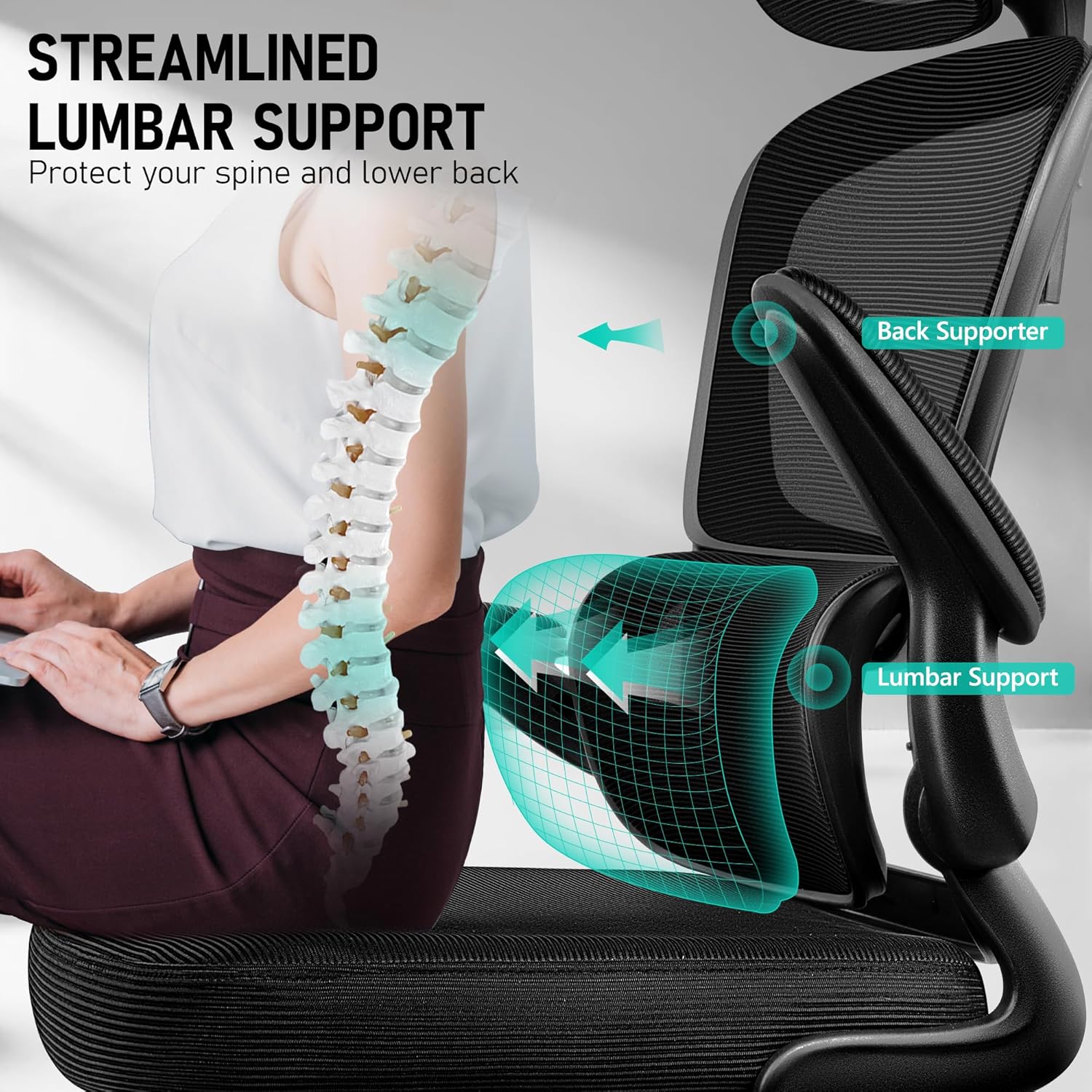 High Back Ergonomic Office Chair, Breathable Mesh Desk Chair with Lumbar Support, Adjustable Headrest, Flip-up Armrests, Computer Gaming Chair - Image 3
