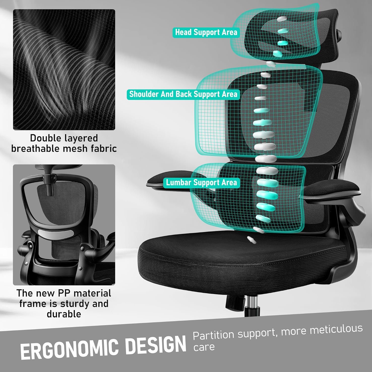 High Back Ergonomic Office Chair, Breathable Mesh Desk Chair with Lumbar Support, Adjustable Headrest, Flip-up Armrests, Computer Gaming Chair - Image 4